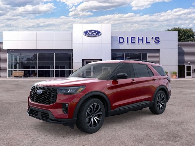 2026 Ford Explorer ST-Line in Rapid Red — front three-quarter view